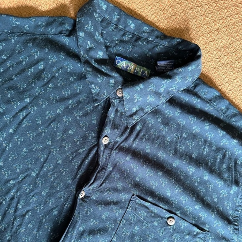 Men's Campia 100% rayon XL blue palm tree Hawaiian button down shirt resort
